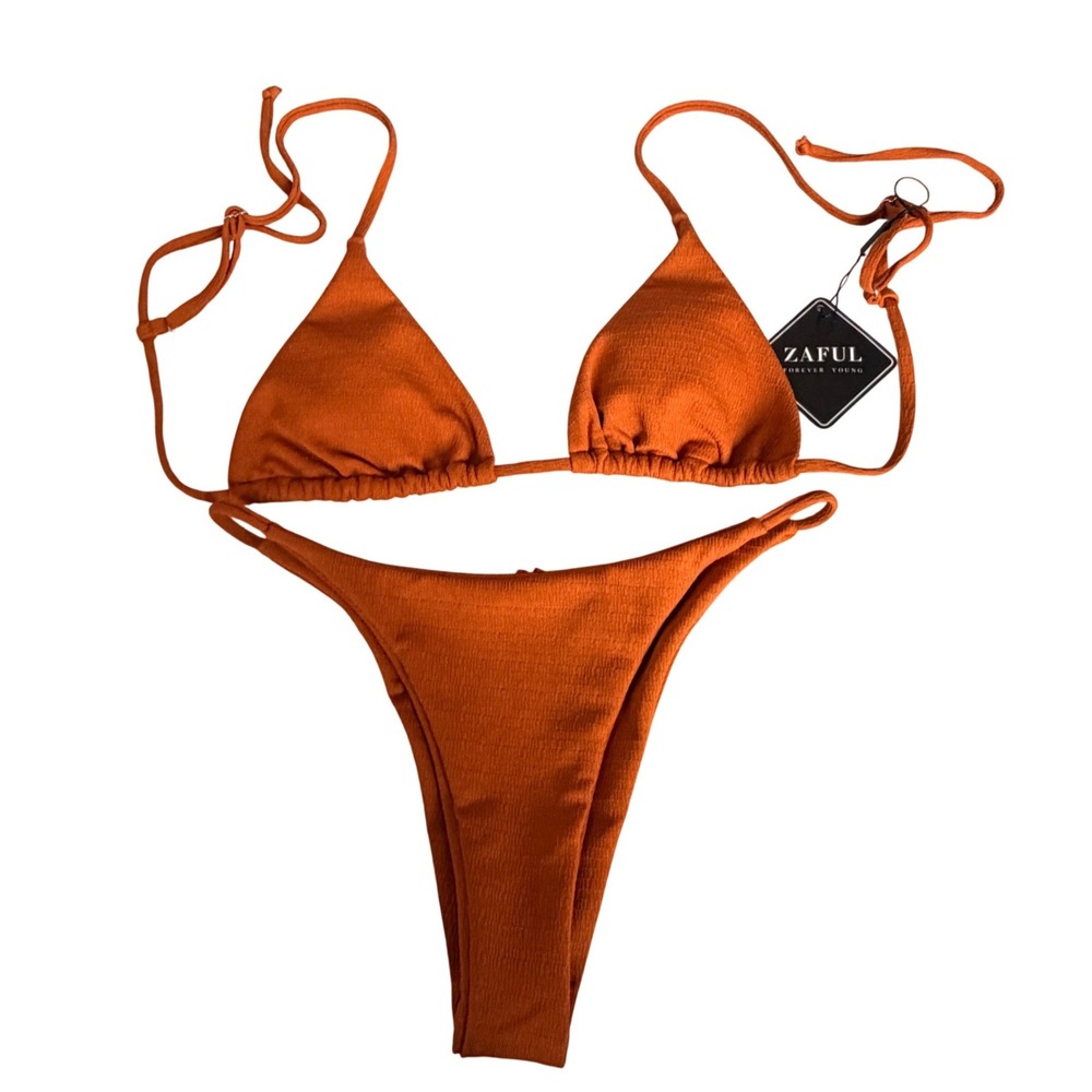 Zaful Ribbed Triangle Bikini Set Burnt Orange High Cut XS NEW